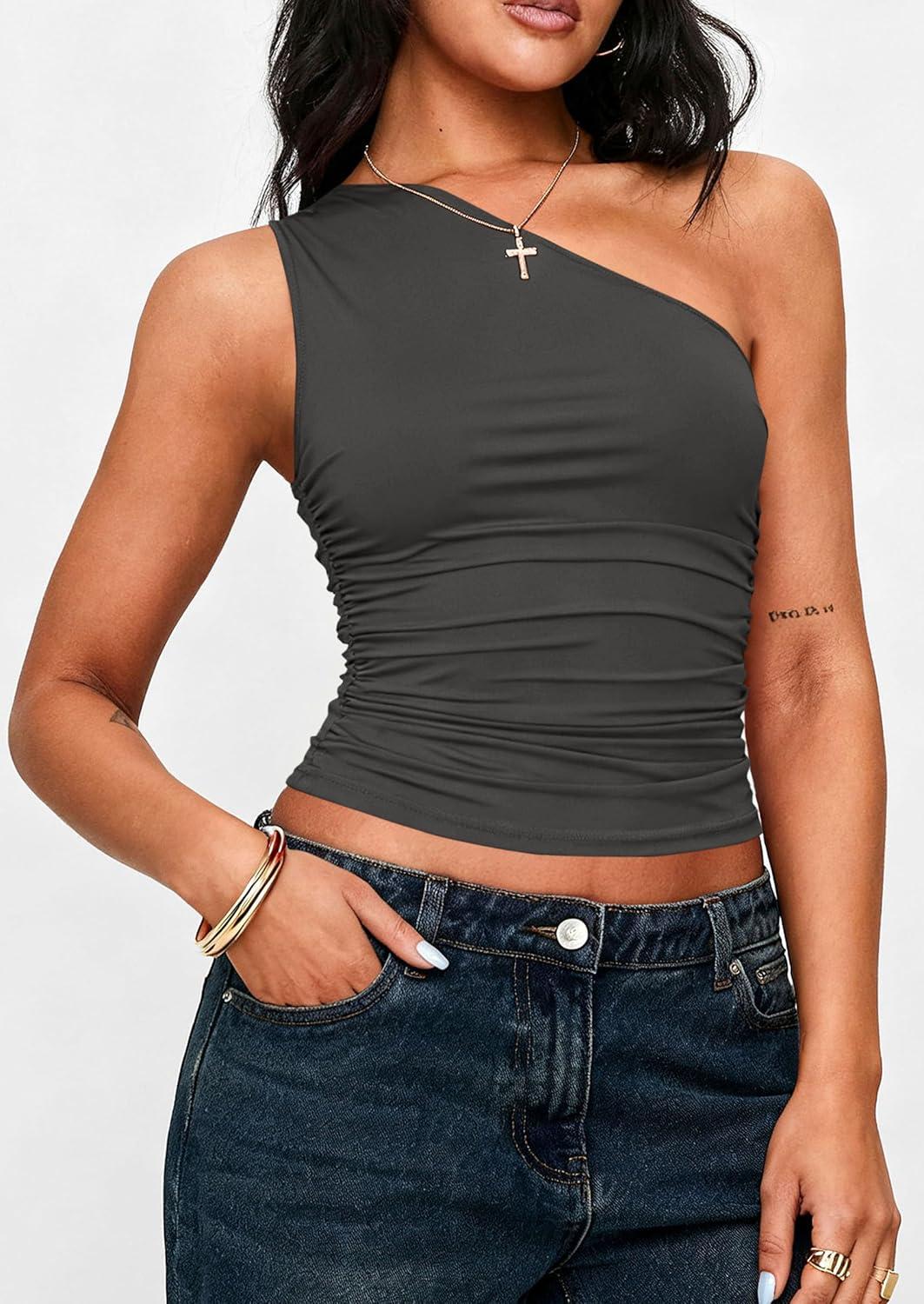 imagePRETTYGARDEN Womens Sleeveless One Shoulder Tank Top Ruched Slim Fit Shirts Basic Crop Y2k Tops 2026 Spring Fashion ClothingDark Grey