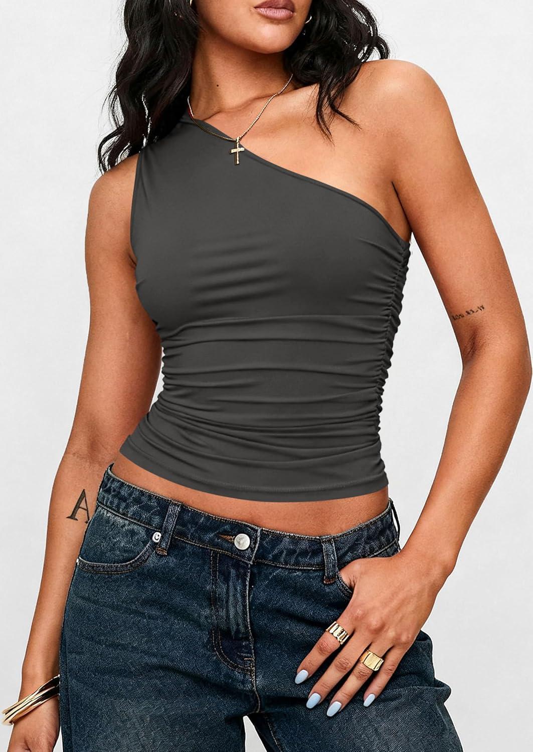 imagePRETTYGARDEN Womens Sleeveless One Shoulder Tank Top Ruched Slim Fit Shirts Basic Crop Y2k Tops 2026 Spring Fashion ClothingDark Grey