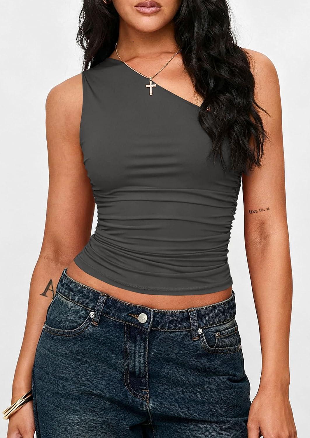 imagePRETTYGARDEN Womens Sleeveless One Shoulder Tank Top Ruched Slim Fit Shirts Basic Crop Y2k Tops 2026 Spring Fashion ClothingDark Grey