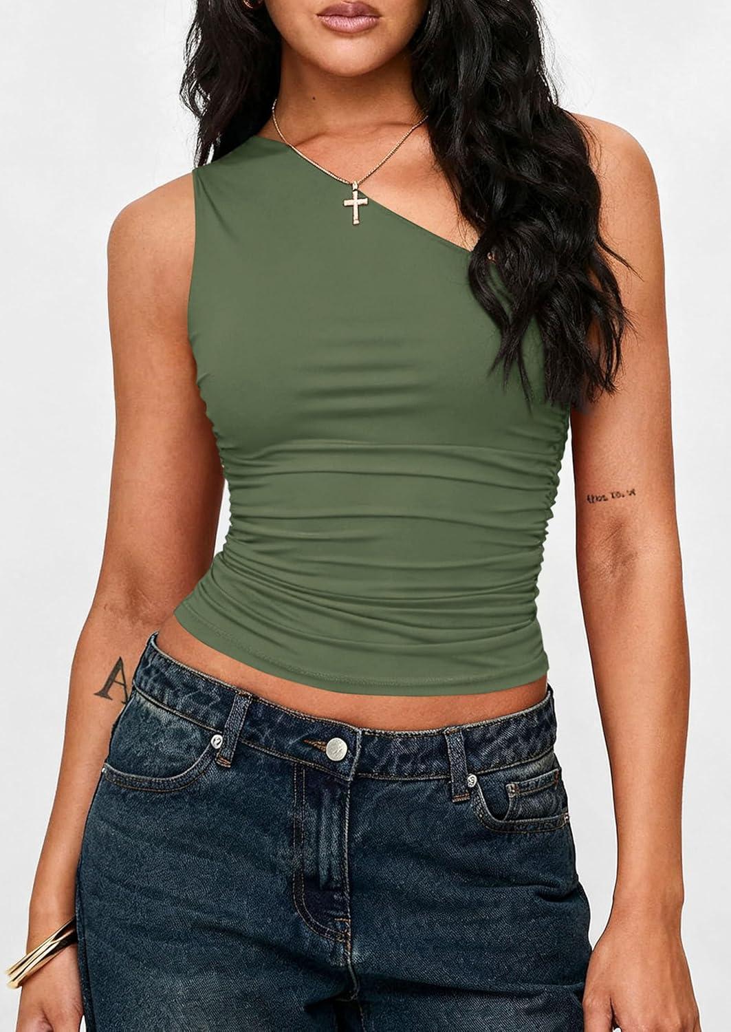 imagePRETTYGARDEN Womens Sleeveless One Shoulder Tank Top Ruched Slim Fit Shirts Basic Crop Y2k Tops 2026 Spring Fashion ClothingGrey Green