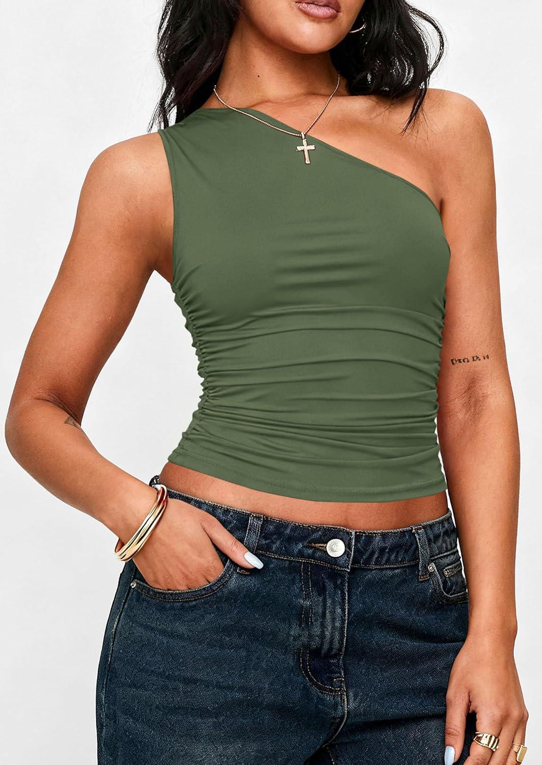 imagePRETTYGARDEN Womens Sleeveless One Shoulder Tank Top Ruched Slim Fit Shirts Basic Crop Y2k Tops 2026 Spring Fashion ClothingGrey Green