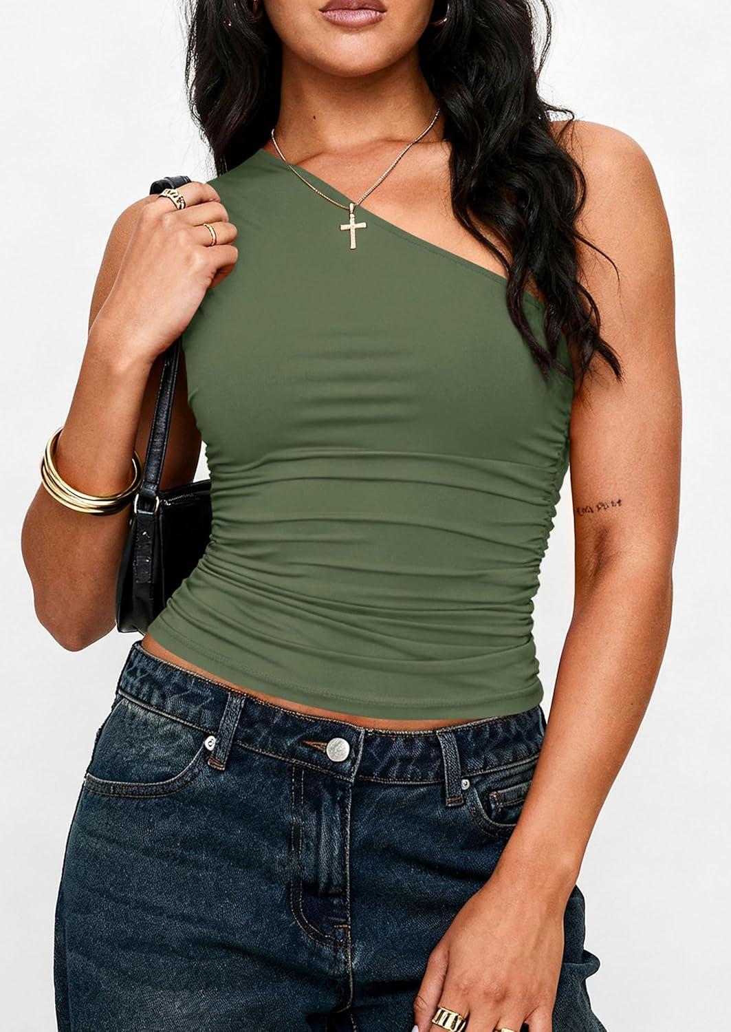 imagePRETTYGARDEN Womens Sleeveless One Shoulder Tank Top Ruched Slim Fit Shirts Basic Crop Y2k Tops 2026 Spring Fashion ClothingGrey Green