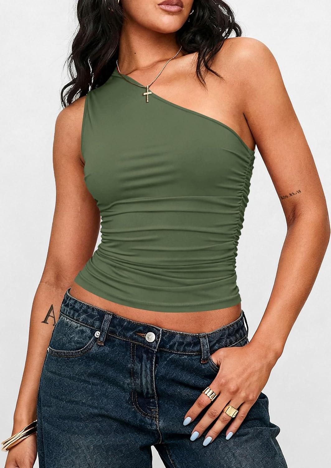 imagePRETTYGARDEN Womens Sleeveless One Shoulder Tank Top Ruched Slim Fit Shirts Basic Crop Y2k Tops 2026 Spring Fashion ClothingGrey Green