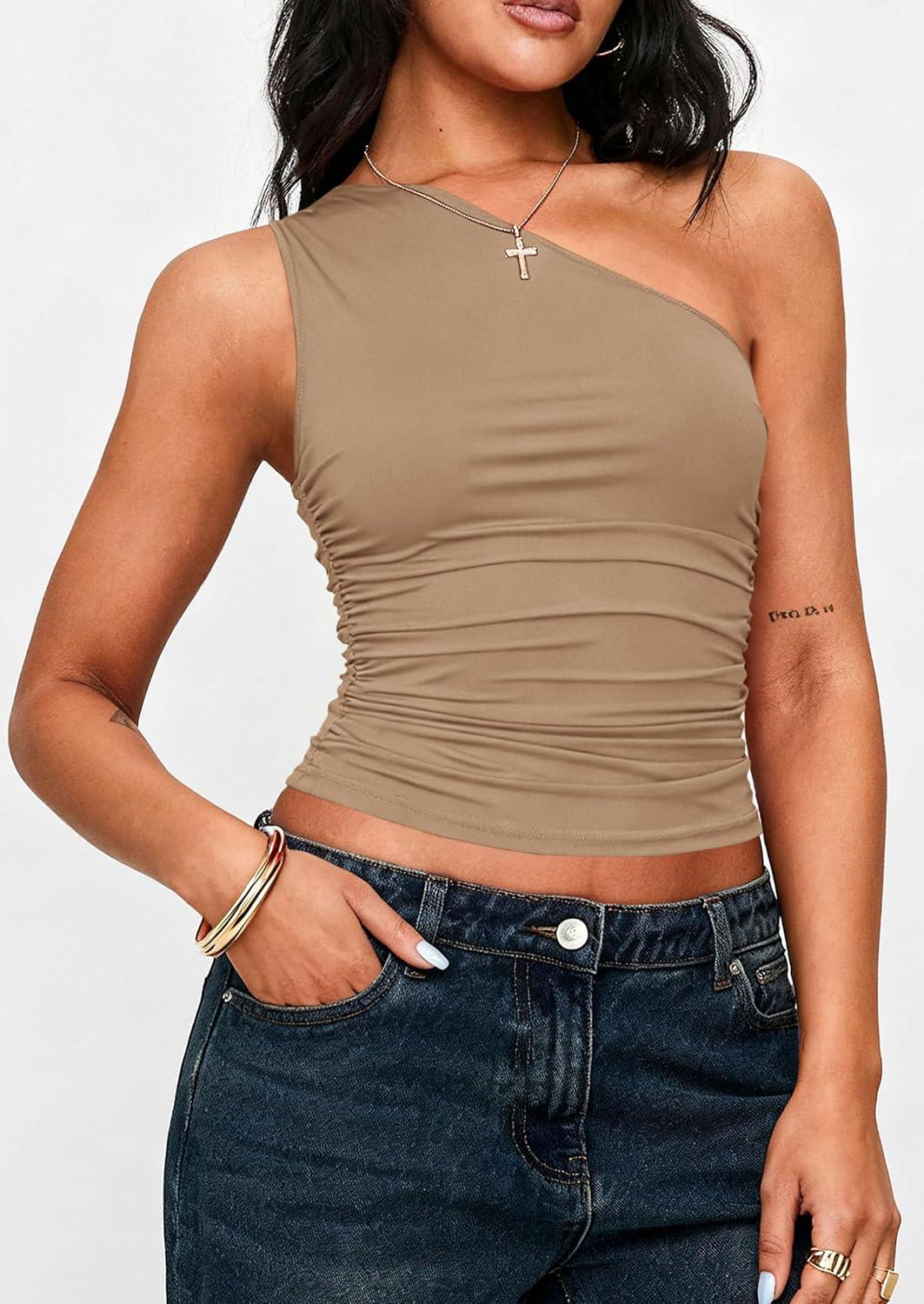 imagePRETTYGARDEN Womens Sleeveless One Shoulder Tank Top Ruched Slim Fit Shirts Basic Crop Y2k Tops 2026 Spring Fashion ClothingKhaki