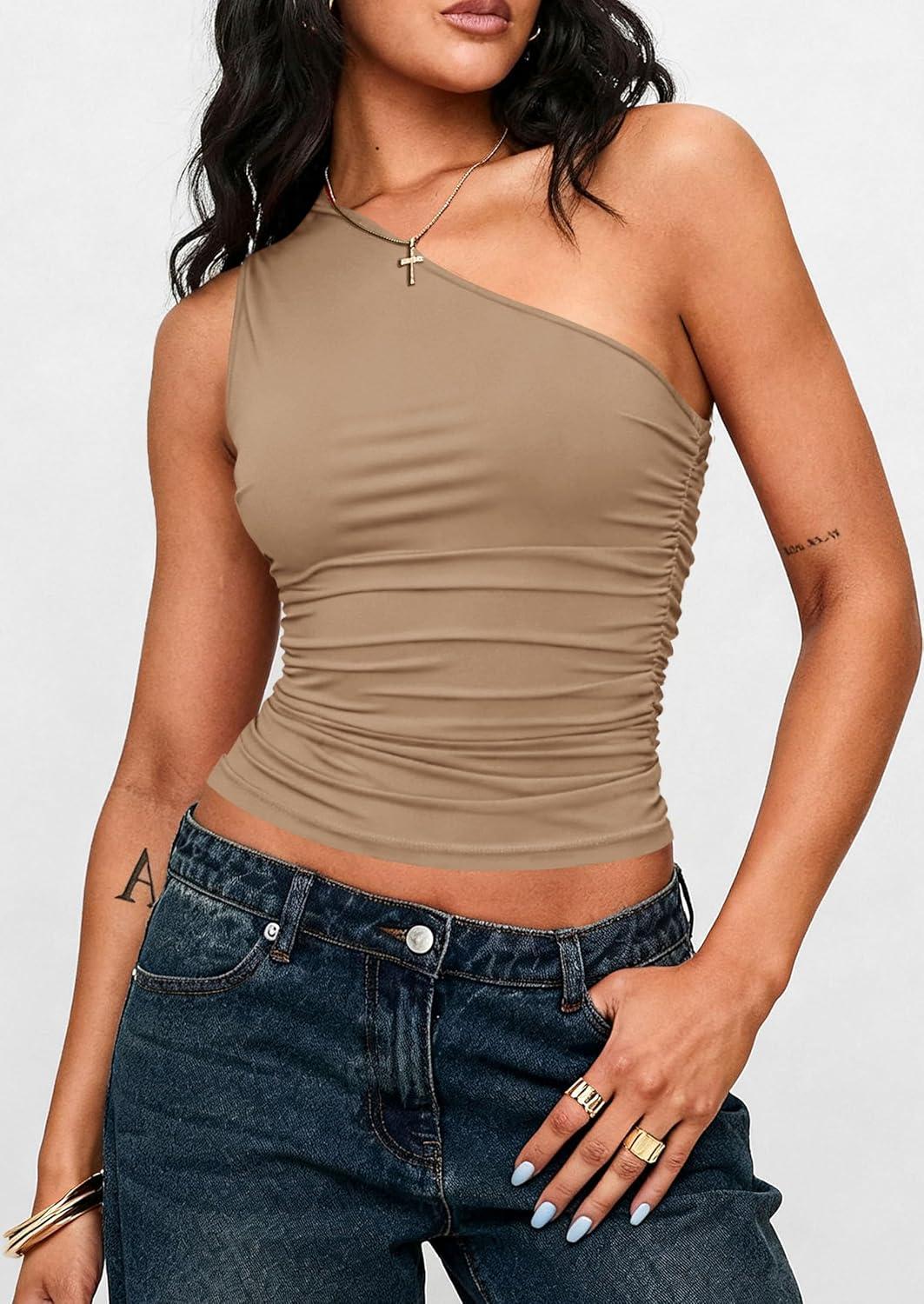 imagePRETTYGARDEN Womens Sleeveless One Shoulder Tank Top Ruched Slim Fit Shirts Basic Crop Y2k Tops 2026 Spring Fashion ClothingKhaki