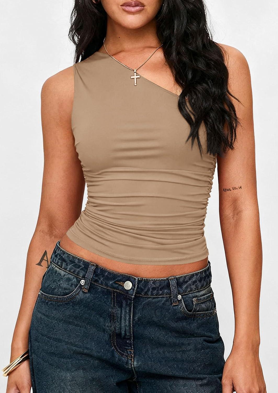 imagePRETTYGARDEN Womens Sleeveless One Shoulder Tank Top Ruched Slim Fit Shirts Basic Crop Y2k Tops 2026 Spring Fashion ClothingKhaki