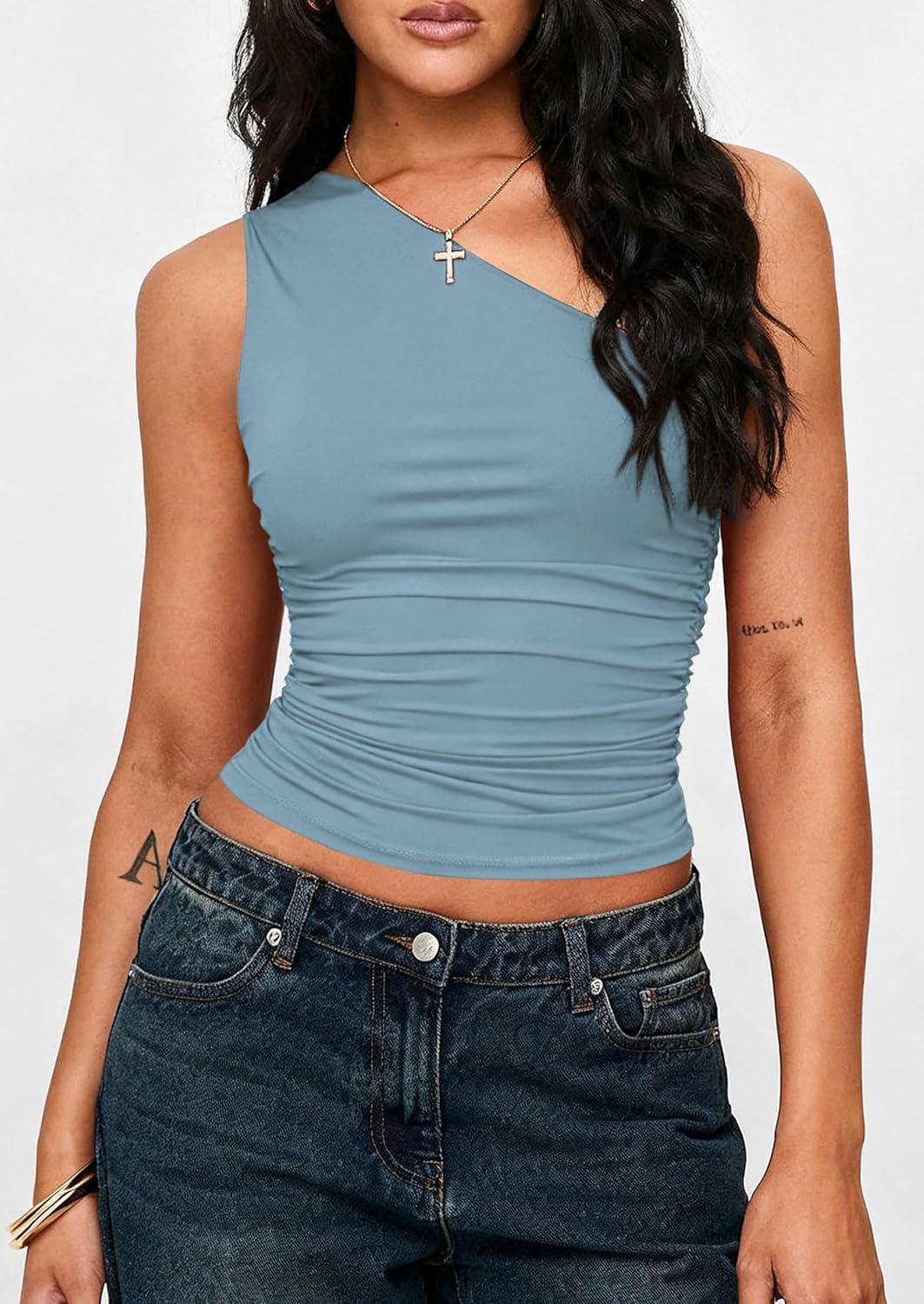 imagePRETTYGARDEN Womens Sleeveless One Shoulder Tank Top Ruched Slim Fit Shirts Basic Crop Y2k Tops 2026 Spring Fashion ClothingLight Grey Blue