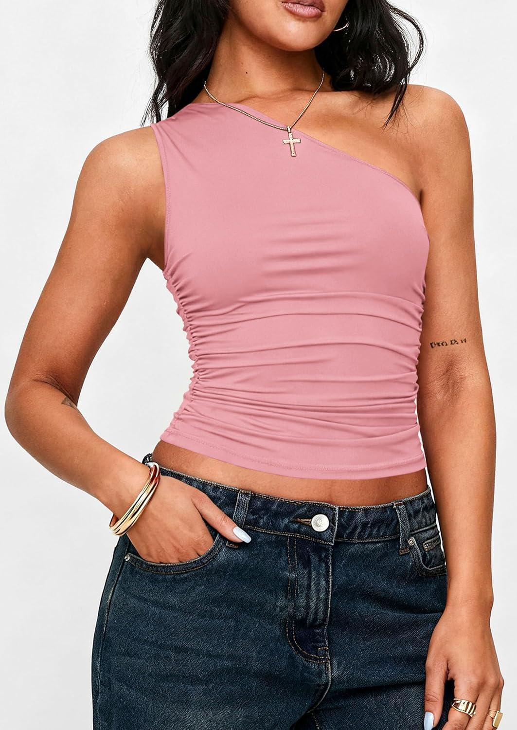 imagePRETTYGARDEN Womens Sleeveless One Shoulder Tank Top Ruched Slim Fit Shirts Basic Crop Y2k Tops 2026 Spring Fashion ClothingPink