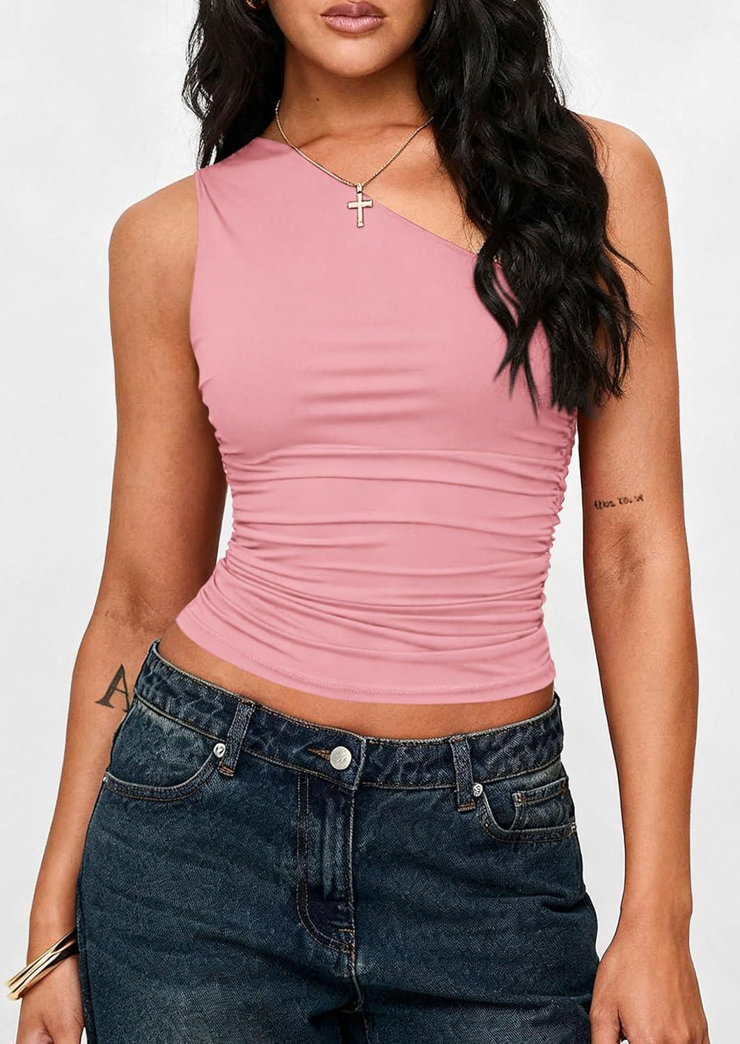imagePRETTYGARDEN Womens Sleeveless One Shoulder Tank Top Ruched Slim Fit Shirts Basic Crop Y2k Tops 2026 Spring Fashion ClothingPink