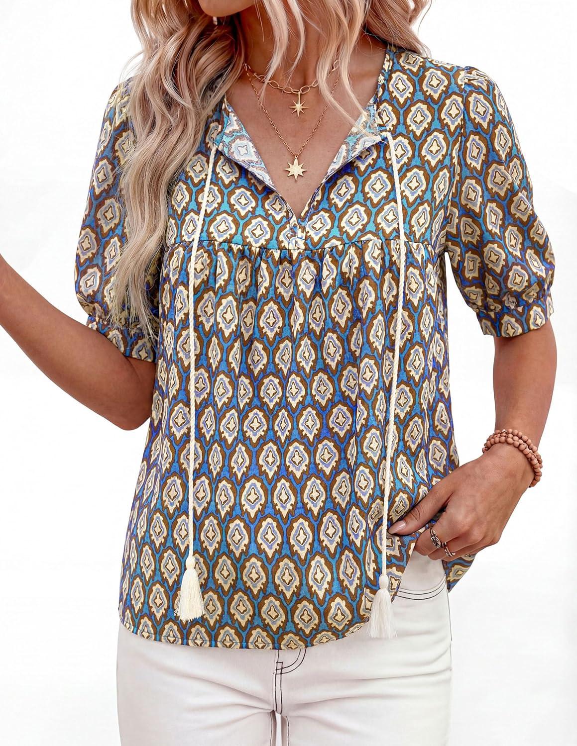imagePRETTYGARDEN Womens Summer Boho Tops 2026 Vacation Outfits Casual Tie Front V Neck Peasant Blouses Puff Short Sleeve ShirtsBlue