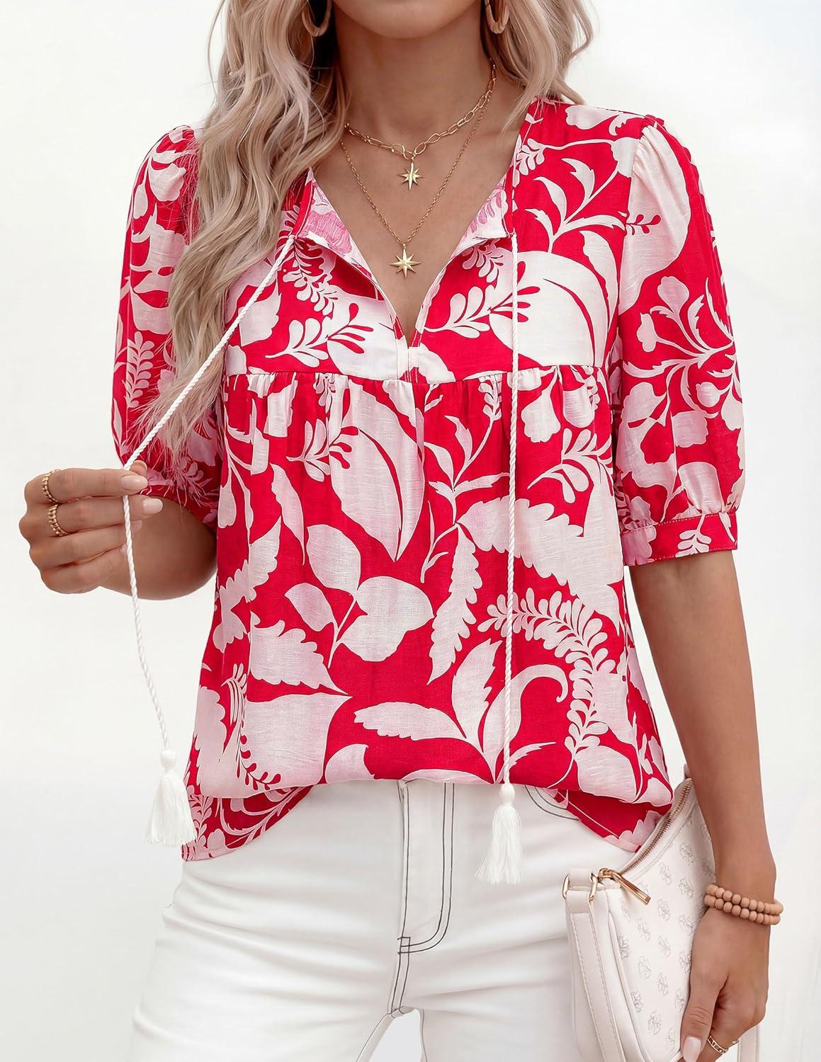 imagePRETTYGARDEN Womens Summer Boho Tops 2026 Vacation Outfits Casual Tie Front V Neck Peasant Blouses Puff Short Sleeve ShirtsRed Flower