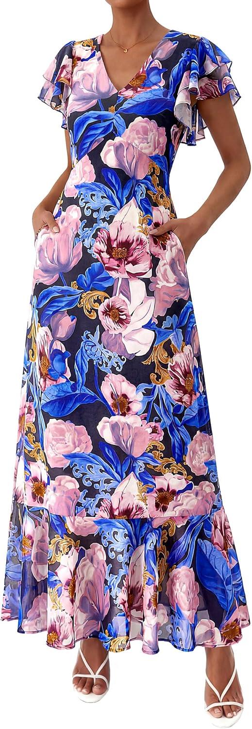 imagePRETTYGARDEN Womens Summer Floral Maxi Dresses 2026 Spring Short Sleeve Ruffle V Neck Flowy Boho Long Beach Vacation SundressBlack Pink Flower