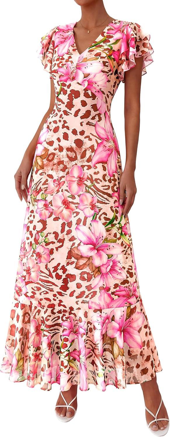 imagePRETTYGARDEN Womens Summer Floral Maxi Dresses 2026 Spring Short Sleeve Ruffle V Neck Flowy Boho Long Beach Vacation SundressFloral Apricot Pink