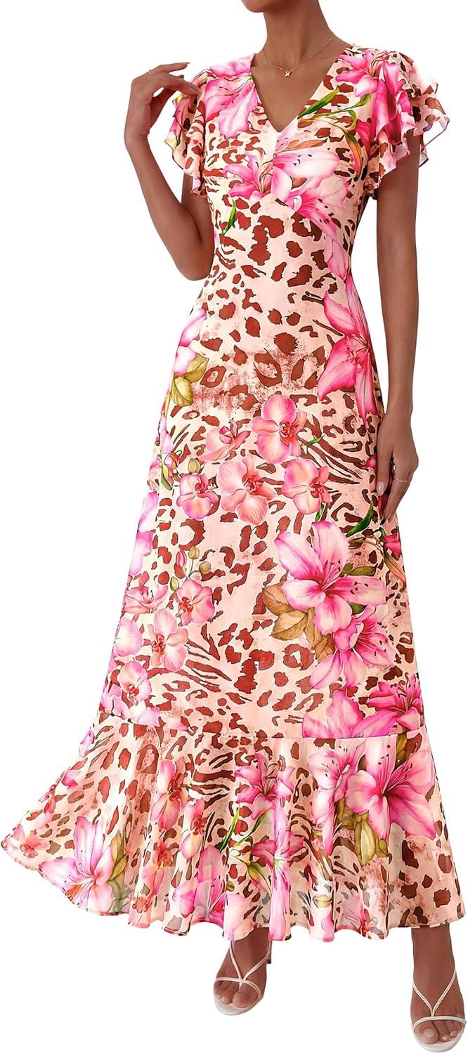 imagePRETTYGARDEN Womens Summer Floral Maxi Dresses 2026 Spring Short Sleeve Ruffle V Neck Flowy Boho Long Beach Vacation SundressFloral Apricot Pink
