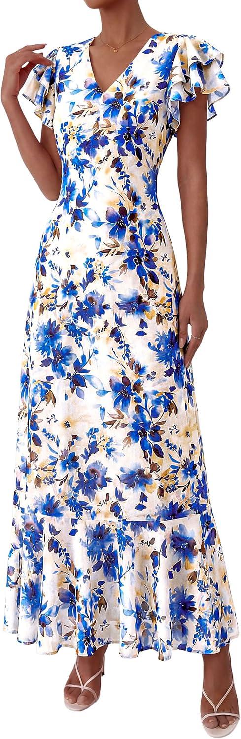imagePRETTYGARDEN Womens Summer Floral Maxi Dresses 2026 Spring Short Sleeve Ruffle V Neck Flowy Boho Long Beach Vacation SundressFloral Beige Blue
