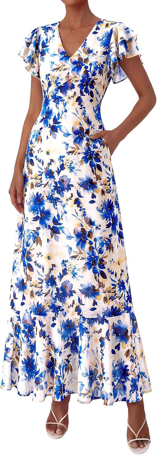 imagePRETTYGARDEN Womens Summer Floral Maxi Dresses 2026 Spring Short Sleeve Ruffle V Neck Flowy Boho Long Beach Vacation SundressFloral Beige Blue