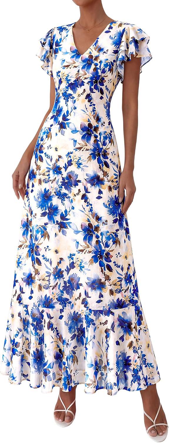 imagePRETTYGARDEN Womens Summer Floral Maxi Dresses 2026 Spring Short Sleeve Ruffle V Neck Flowy Boho Long Beach Vacation SundressFloral Beige Blue