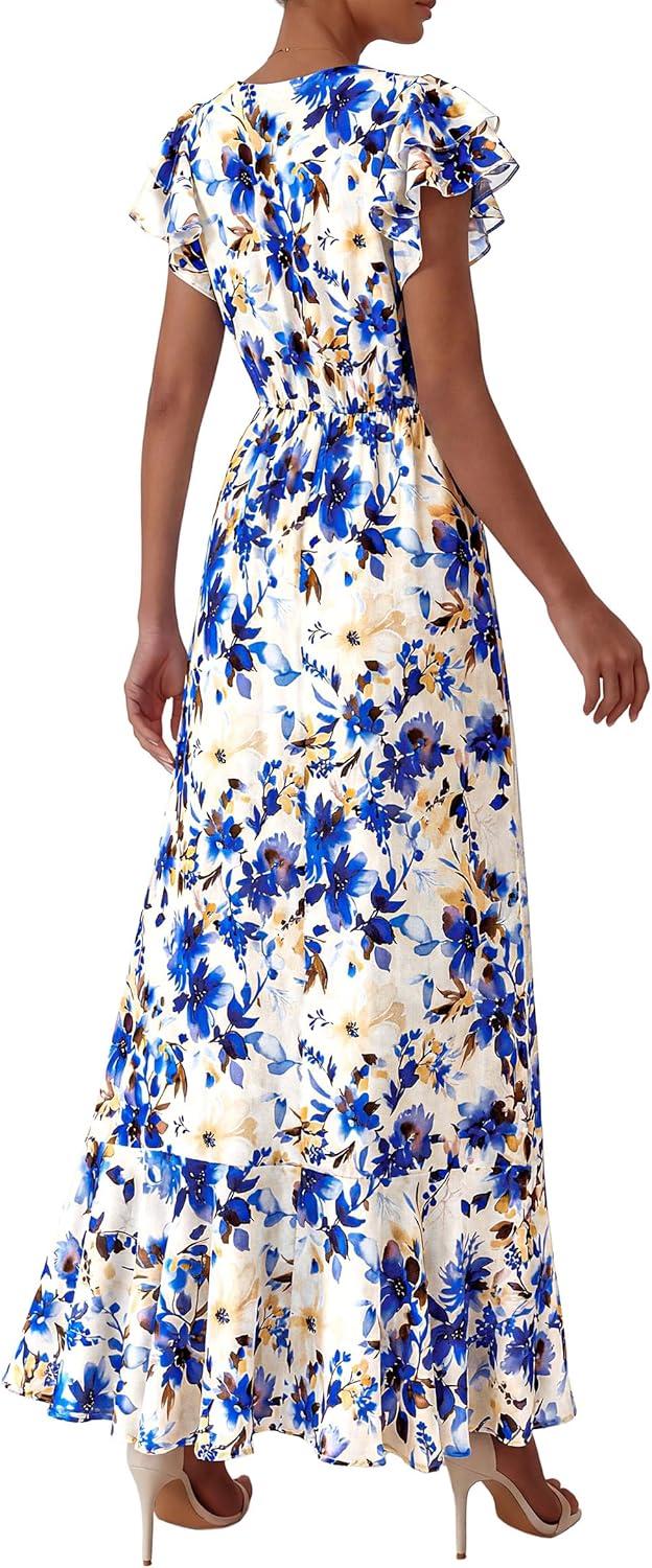 imagePRETTYGARDEN Womens Summer Floral Maxi Dresses 2026 Spring Short Sleeve Ruffle V Neck Flowy Boho Long Beach Vacation SundressFloral Beige Blue