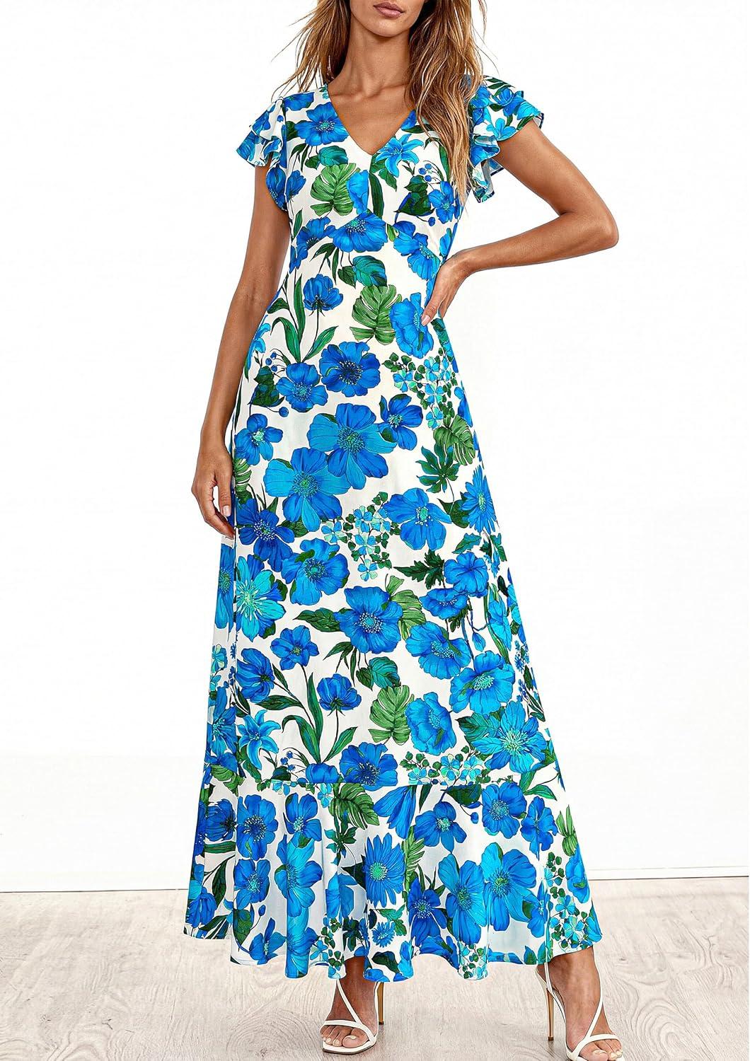 imagePRETTYGARDEN Womens Summer Floral Maxi Dresses 2026 Spring Short Sleeve Ruffle V Neck Flowy Boho Long Beach Vacation SundressFloral Blue