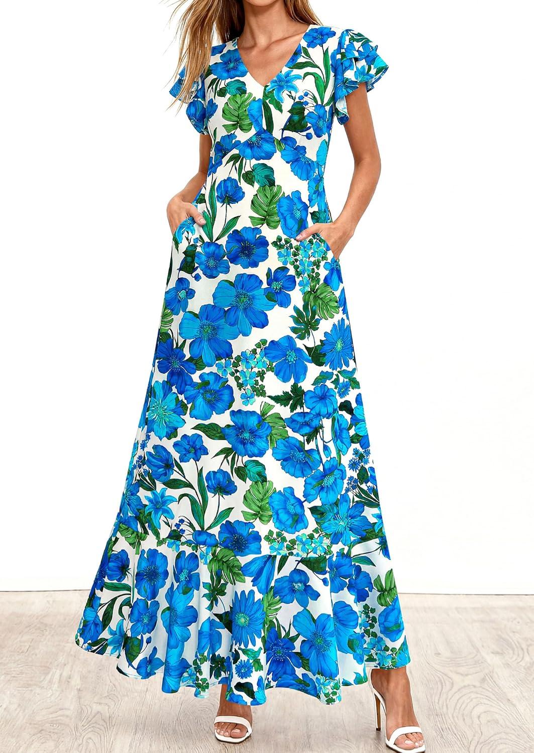 imagePRETTYGARDEN Womens Summer Floral Maxi Dresses 2026 Spring Short Sleeve Ruffle V Neck Flowy Boho Long Beach Vacation SundressFloral Blue