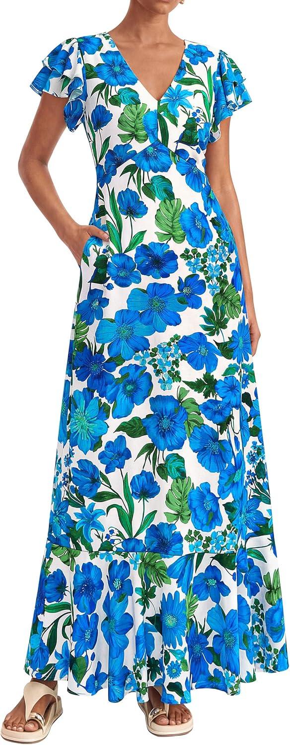 imagePRETTYGARDEN Womens Summer Floral Maxi Dresses 2026 Spring Short Sleeve Ruffle V Neck Flowy Boho Long Beach Vacation SundressFloral Blue