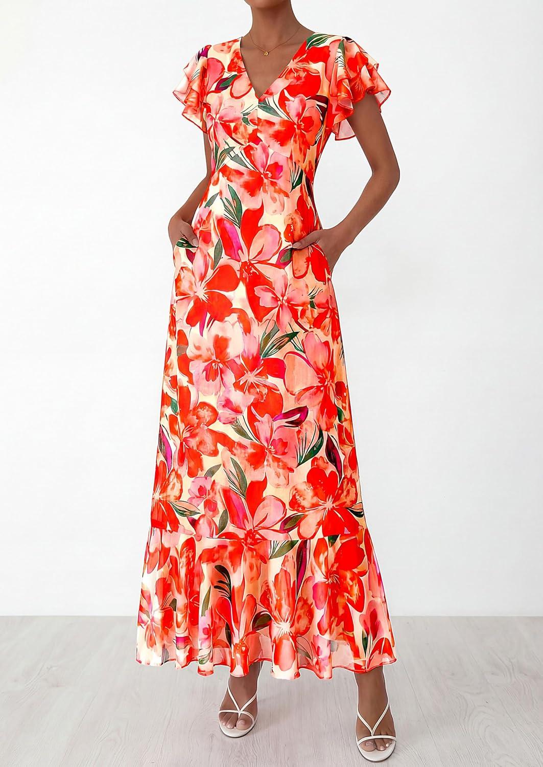 imagePRETTYGARDEN Womens Summer Floral Maxi Dresses 2026 Spring Short Sleeve Ruffle V Neck Flowy Boho Long Beach Vacation SundressPrint Orange