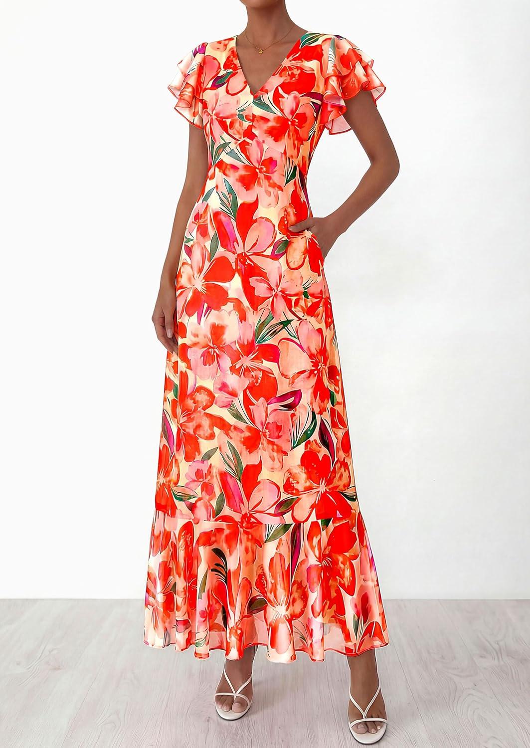 imagePRETTYGARDEN Womens Summer Floral Maxi Dresses 2026 Spring Short Sleeve Ruffle V Neck Flowy Boho Long Beach Vacation SundressPrint Orange