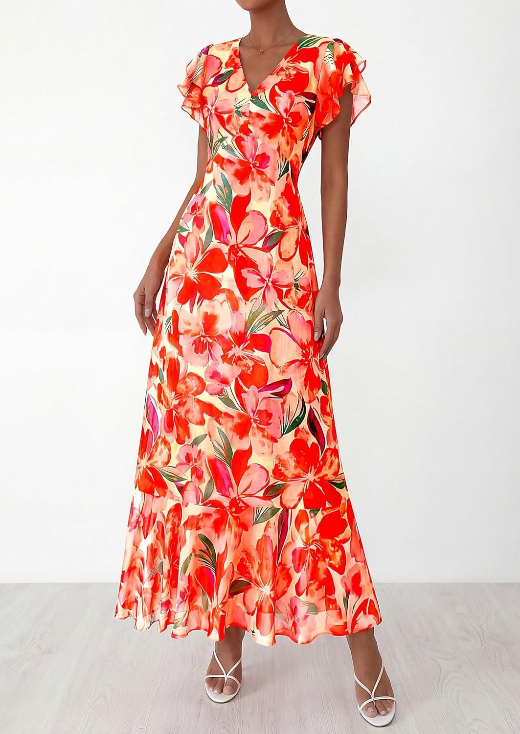 imagePRETTYGARDEN Womens Summer Floral Maxi Dresses 2026 Spring Short Sleeve Ruffle V Neck Flowy Boho Long Beach Vacation SundressPrint Orange