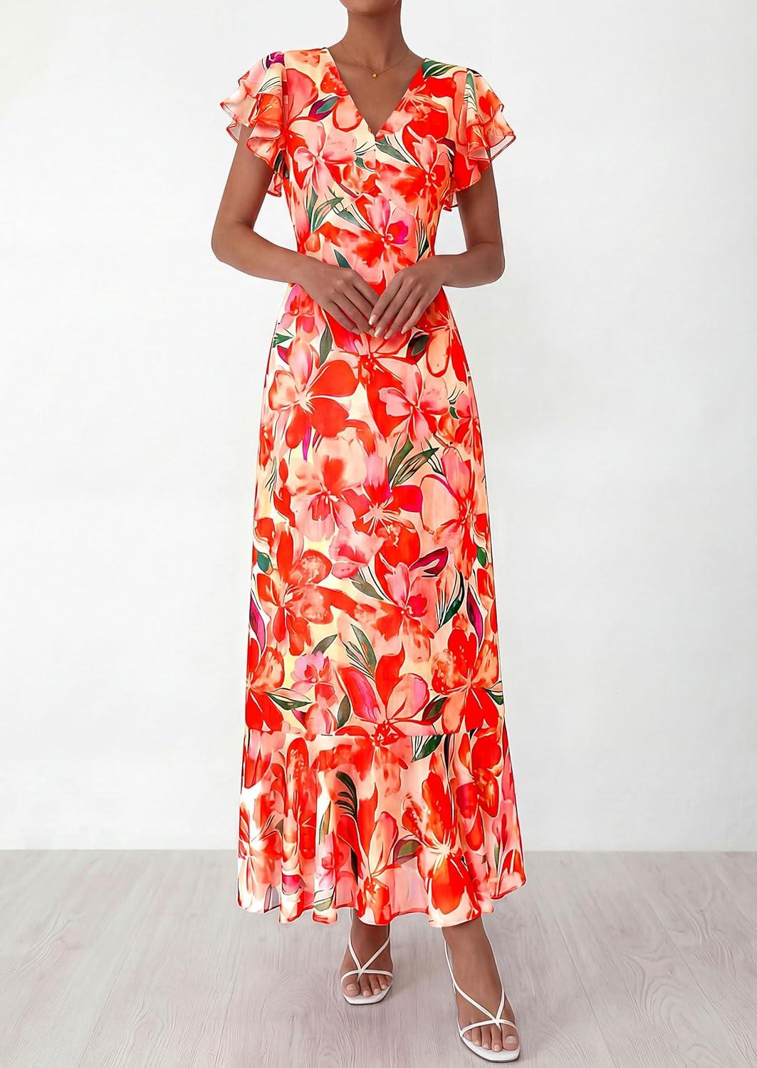 imagePRETTYGARDEN Womens Summer Floral Maxi Dresses 2026 Spring Short Sleeve Ruffle V Neck Flowy Boho Long Beach Vacation SundressPrint Orange