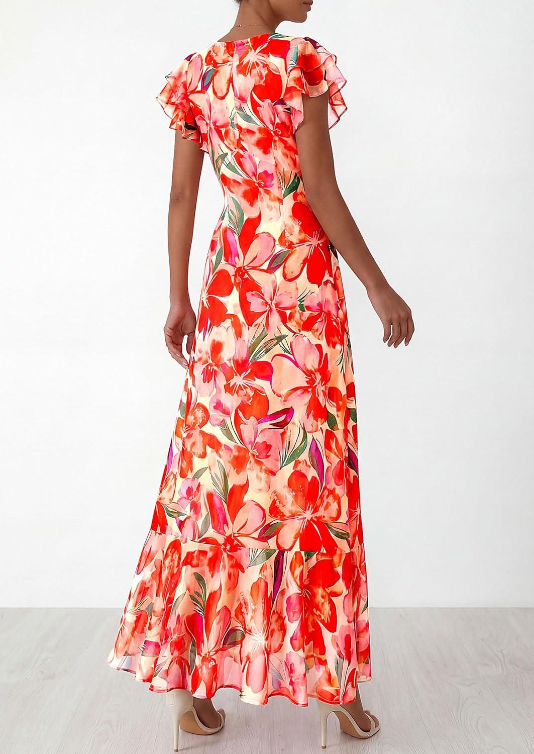 imagePRETTYGARDEN Womens Summer Floral Maxi Dresses 2026 Spring Short Sleeve Ruffle V Neck Flowy Boho Long Beach Vacation SundressPrint Orange