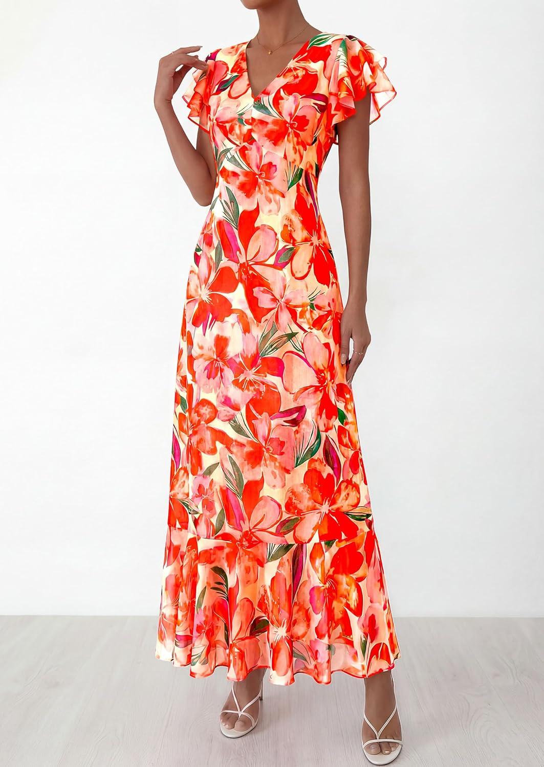imagePRETTYGARDEN Womens Summer Floral Maxi Dresses 2026 Spring Short Sleeve Ruffle V Neck Flowy Boho Long Beach Vacation SundressPrint Orange