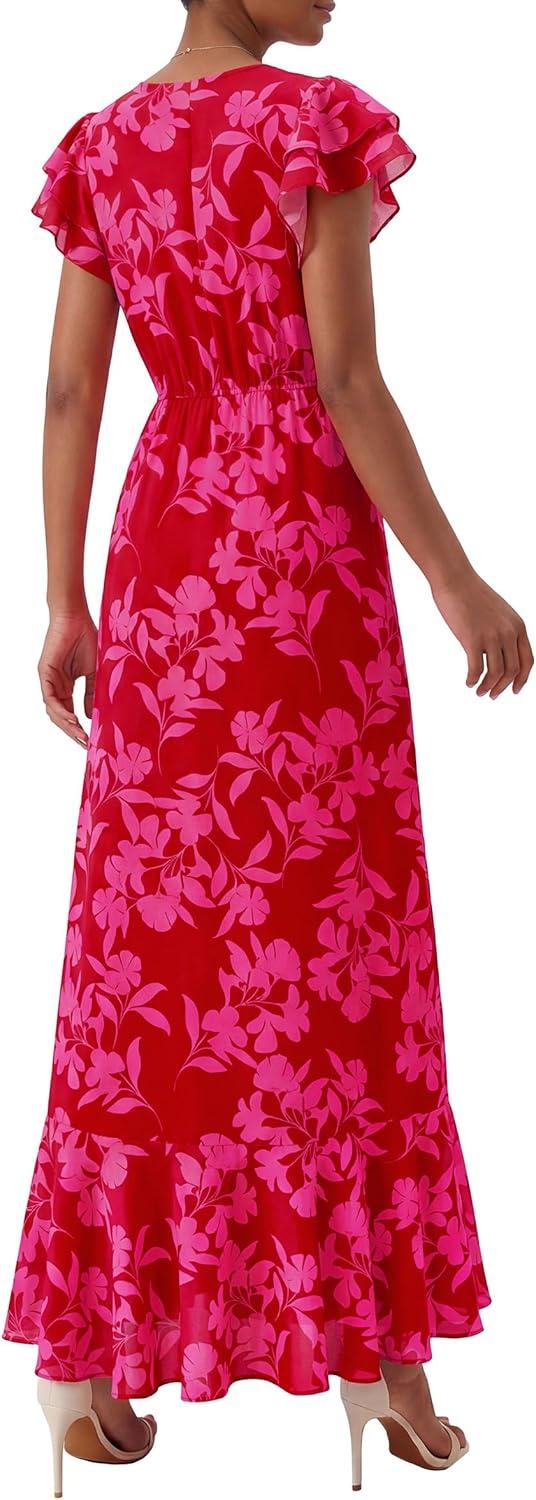 imagePRETTYGARDEN Womens Summer Floral Maxi Dresses 2026 Spring Short Sleeve Ruffle V Neck Flowy Boho Long Beach Vacation SundressRed Floral