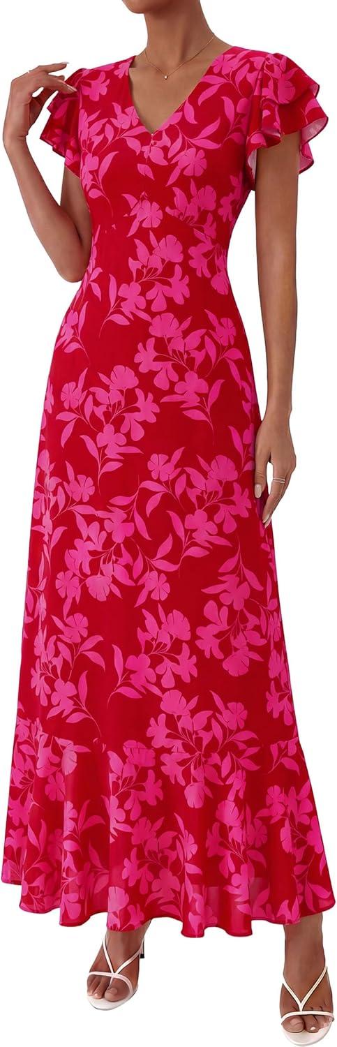 imagePRETTYGARDEN Womens Summer Floral Maxi Dresses 2026 Spring Short Sleeve Ruffle V Neck Flowy Boho Long Beach Vacation SundressRed Floral