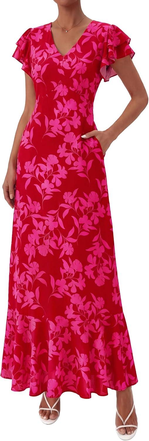 imagePRETTYGARDEN Womens Summer Floral Maxi Dresses 2026 Spring Short Sleeve Ruffle V Neck Flowy Boho Long Beach Vacation SundressRed Floral
