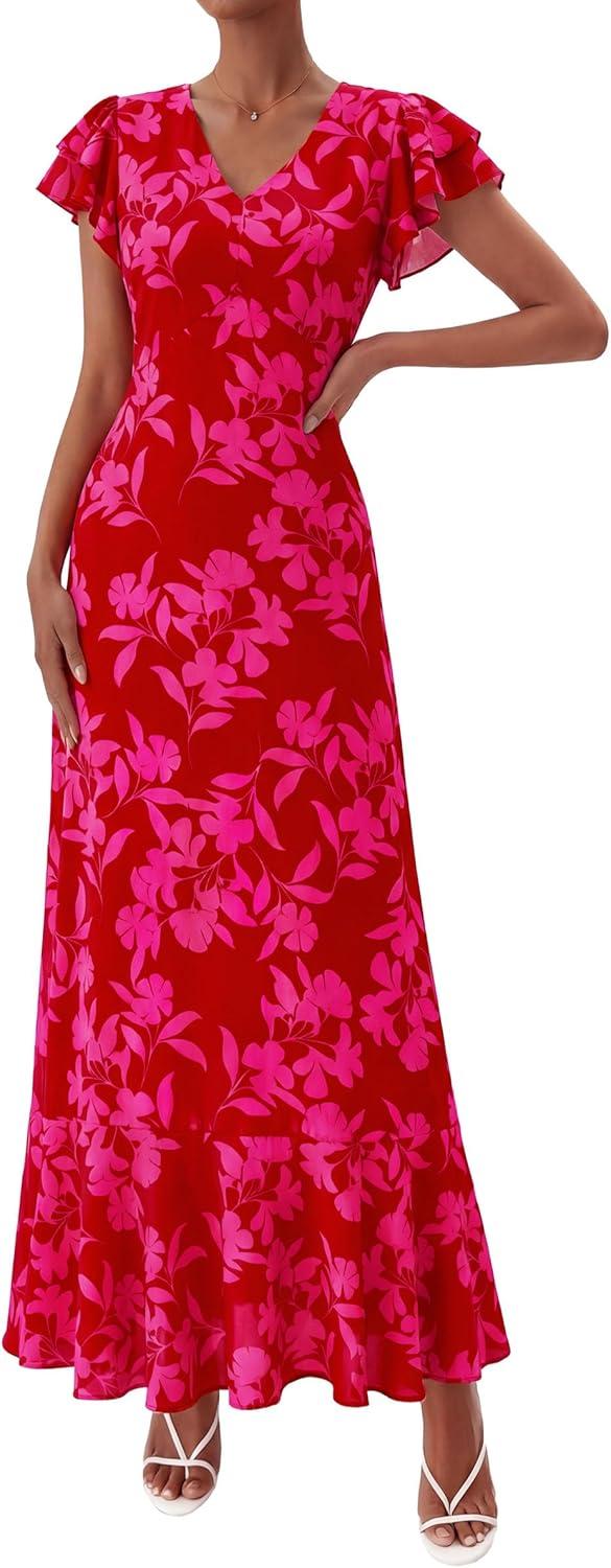 imagePRETTYGARDEN Womens Summer Floral Maxi Dresses 2026 Spring Short Sleeve Ruffle V Neck Flowy Boho Long Beach Vacation SundressRed Floral
