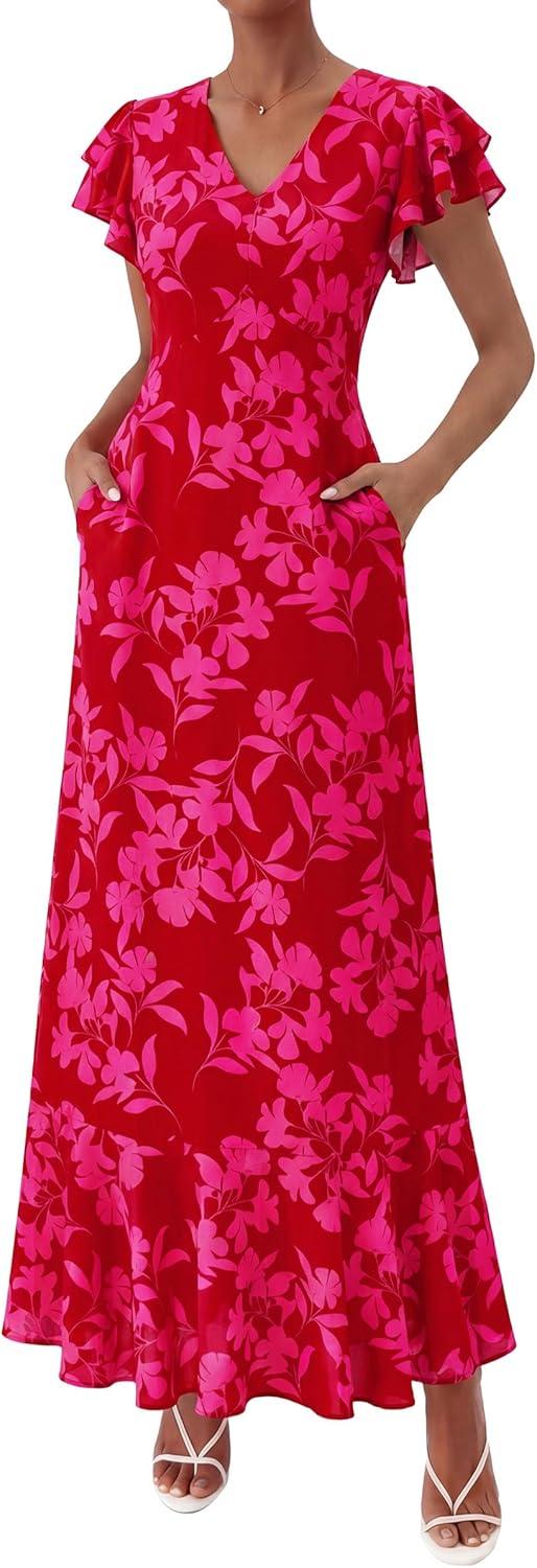 imagePRETTYGARDEN Womens Summer Floral Maxi Dresses 2026 Spring Short Sleeve Ruffle V Neck Flowy Boho Long Beach Vacation SundressRed Floral