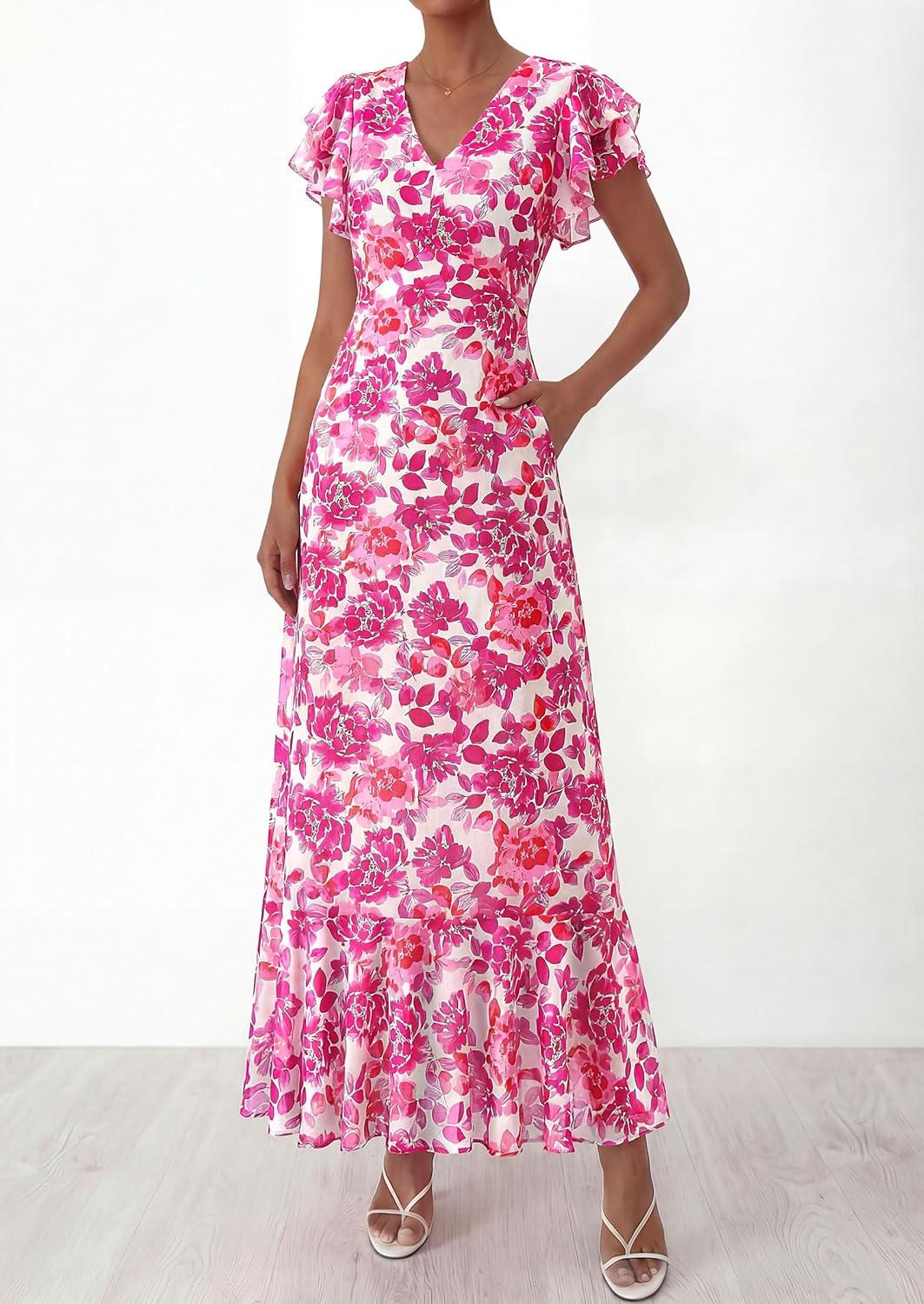 imagePRETTYGARDEN Womens Summer Floral Maxi Dresses 2026 Spring Short Sleeve Ruffle V Neck Flowy Boho Long Beach Vacation SundressRose Red Floral