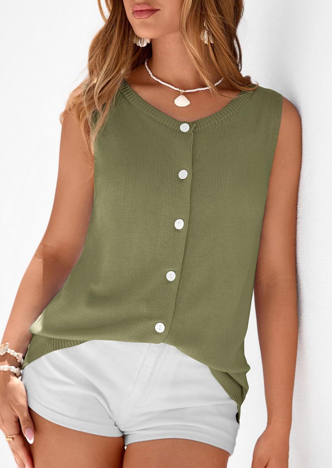 imagePRETTYGARDEN Womens Sweater Vest 2026 Spring Tops Cute Summer Sleeveless Cardigan Casual Knit Button Up Tank TopsArmy Green