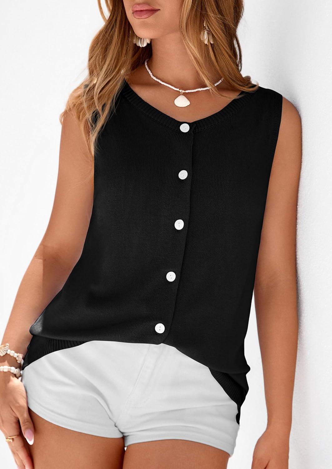 imagePRETTYGARDEN Womens Sweater Vest 2026 Spring Tops Cute Summer Sleeveless Cardigan Casual Knit Button Up Tank TopsBlack
