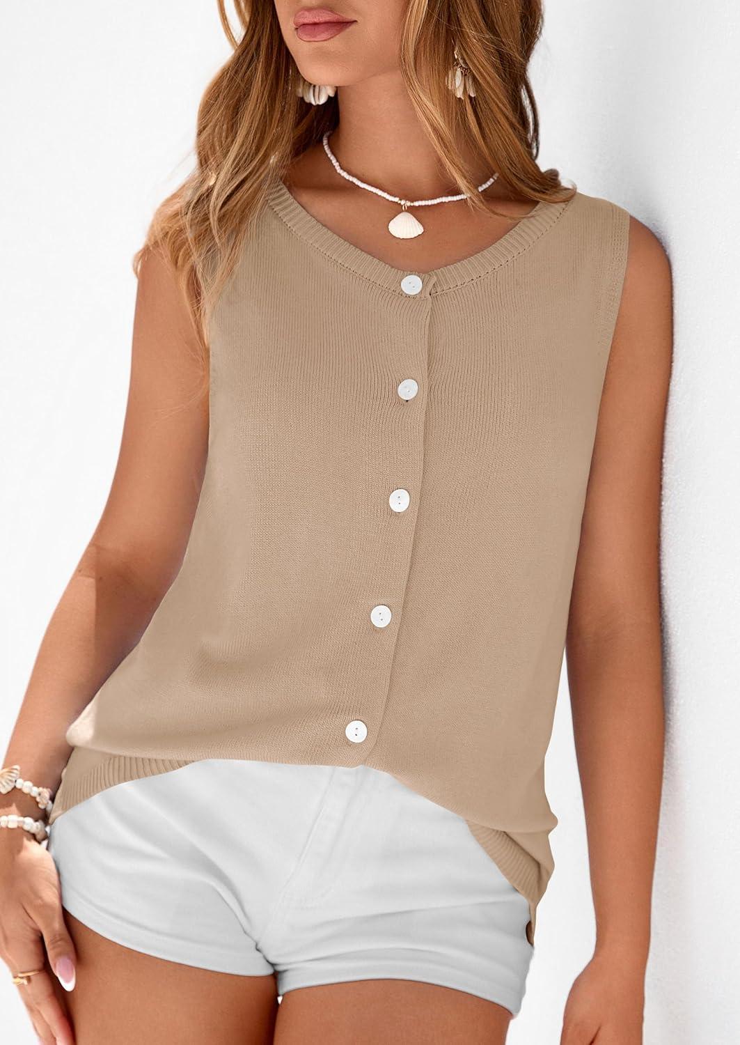 imagePRETTYGARDEN Womens Sweater Vest 2026 Spring Tops Cute Summer Sleeveless Cardigan Casual Knit Button Up Tank TopsKhaki