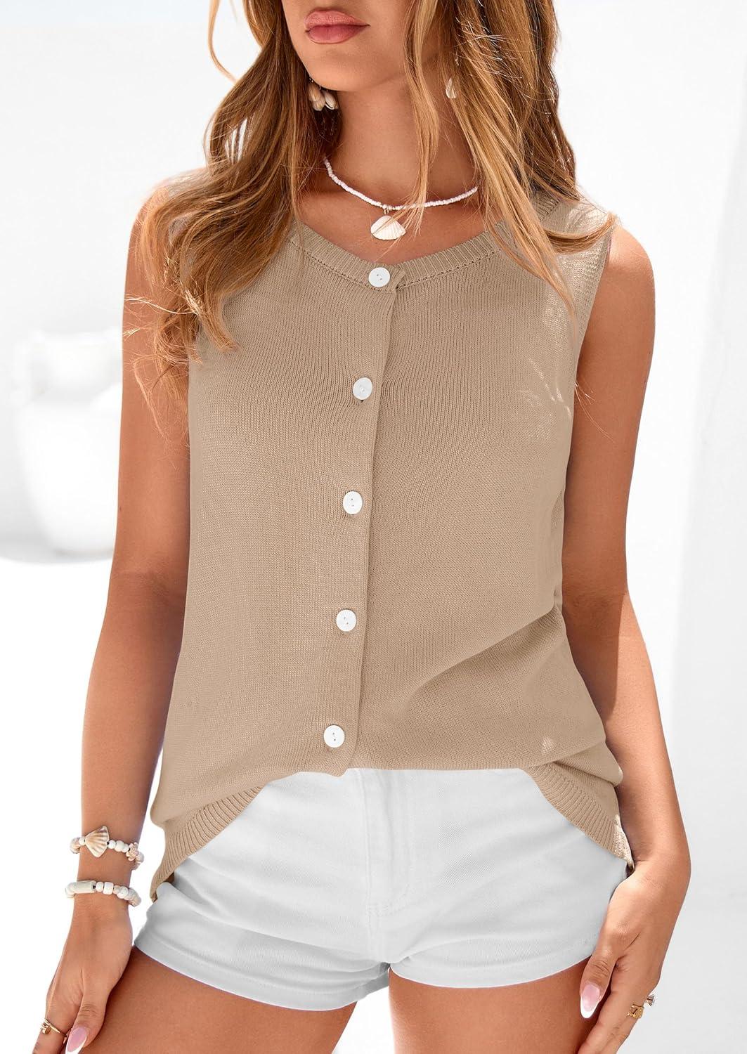 imagePRETTYGARDEN Womens Sweater Vest 2026 Spring Tops Cute Summer Sleeveless Cardigan Casual Knit Button Up Tank TopsKhaki