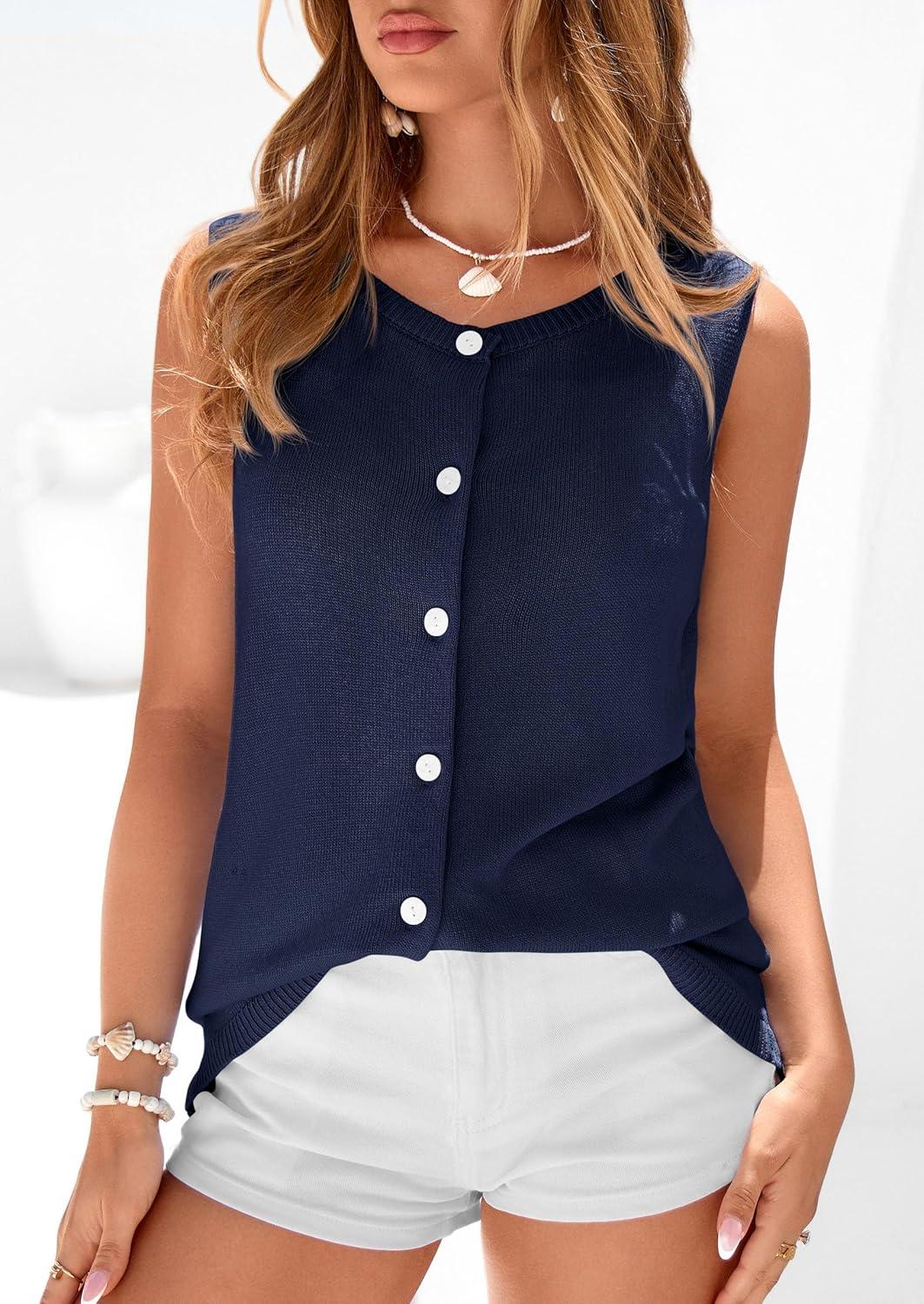imagePRETTYGARDEN Womens Sweater Vest 2026 Spring Tops Cute Summer Sleeveless Cardigan Casual Knit Button Up Tank TopsNavy Blue