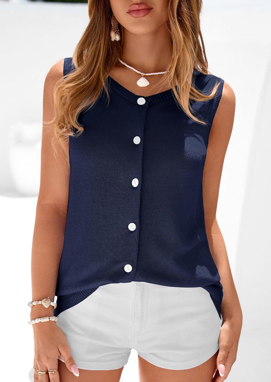 imagePRETTYGARDEN Womens Sweater Vest 2026 Spring Tops Cute Summer Sleeveless Cardigan Casual Knit Button Up Tank TopsNavy Blue