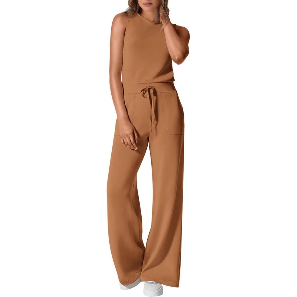 imagePRETTYGARDEN Jumpsuits for Women Casual 2026 Summer Sleeveless Wide Leg Pants Rompers One Piece Beach Vacation Spring OutfitsCamel