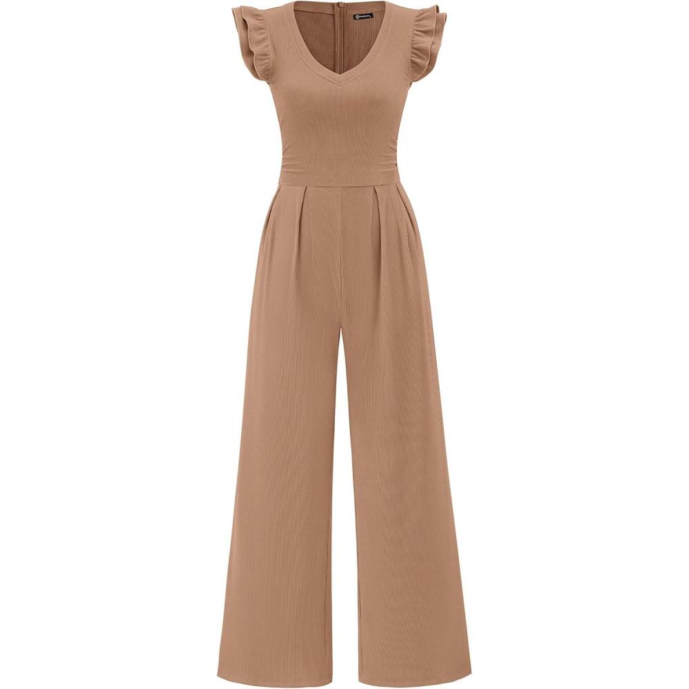 imagePRETTYGARDEN One Piece Jumpsuits For Women Dressy Ruffle Cap Sleeve V Neck Ribbed Knit Wide Leg Romper Casual Spring OutfitsKhaki