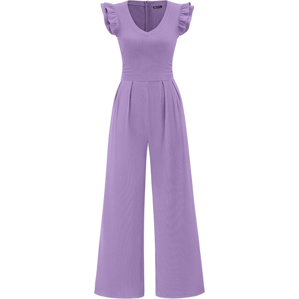 imagePRETTYGARDEN One Piece Jumpsuits For Women Dressy Ruffle Cap Sleeve V Neck Ribbed Knit Wide Leg Romper Casual Spring OutfitsLight Purple