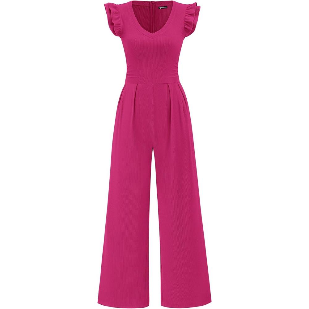 imagePRETTYGARDEN One Piece Jumpsuits For Women Dressy Ruffle Cap Sleeve V Neck Ribbed Knit Wide Leg Romper Casual Spring OutfitsRose Red