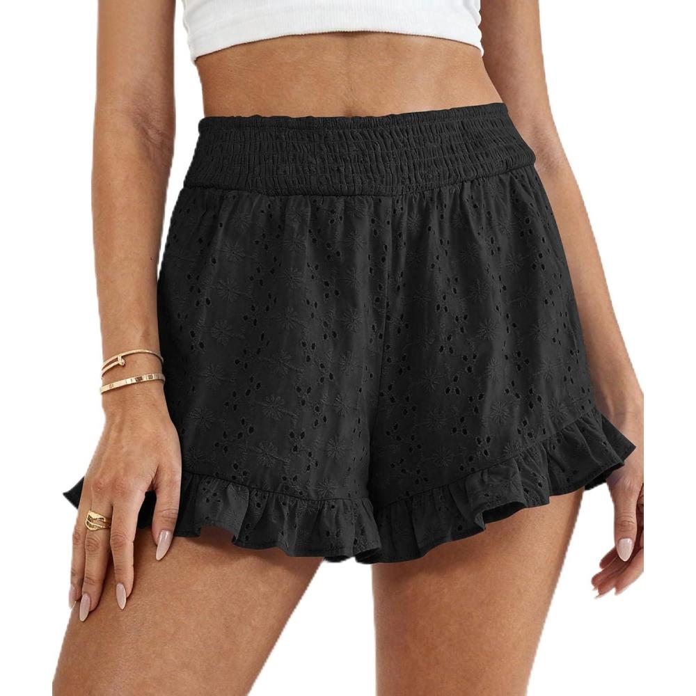 imagePRETTYGARDEN Shorts for Women Summer 2026 Beach Vacation Clothes Spring Elastic Waist Embroidered Ruffle Shorts with PocketsBlack