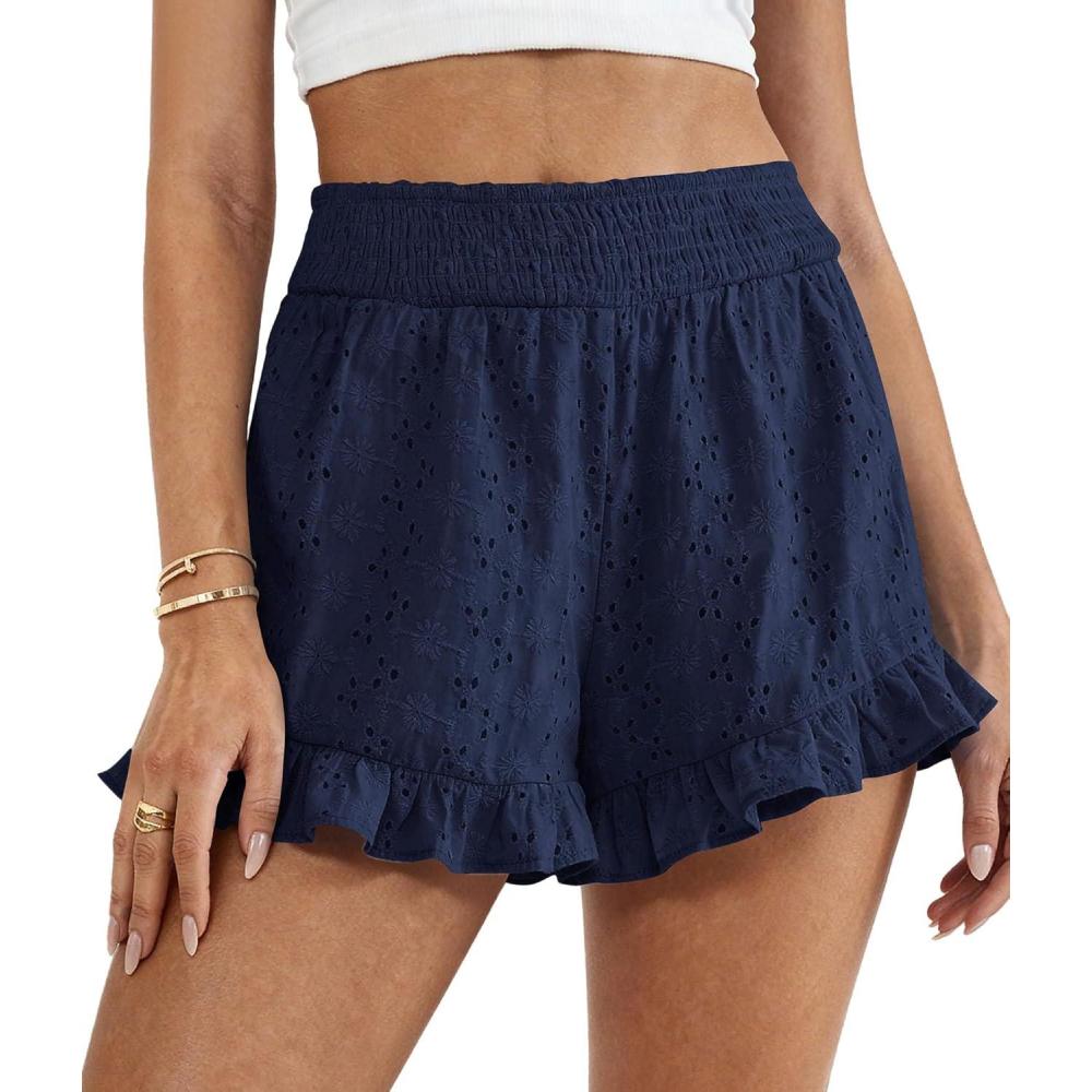 imagePRETTYGARDEN Shorts for Women Summer 2026 Beach Vacation Clothes Spring Elastic Waist Embroidered Ruffle Shorts with PocketsNavy