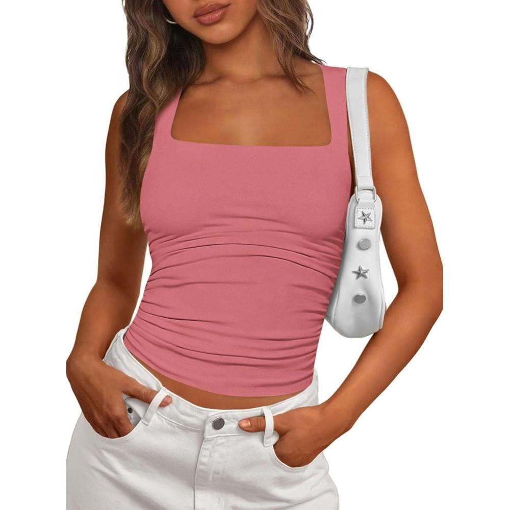 imagePRETTYGARDEN Tank Top for Women 2026 Summer Sleeveless Square Neck Double Lined Ruched Crop Tops Spring Going Out Y2k ClothesDusty Pink